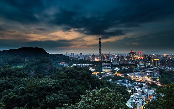 China Taiwan, Taipei city at night dusk, buildings, lights