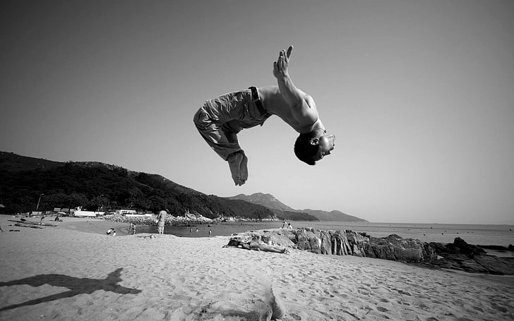 monochrome, jumping, men, beach, sand, shadow, shirtless, full length