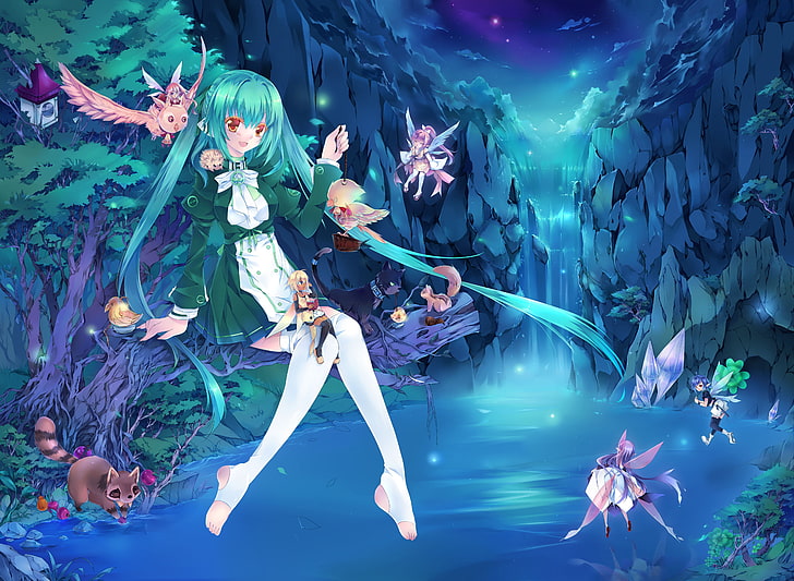 blue-haired female anime character and fairies digital wallpaper, HD wallpaper
