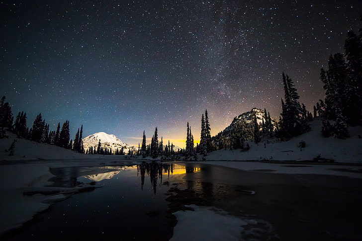 pine tress, stars, snow, lake, sky, reflection, night, star - space, HD wallpaper