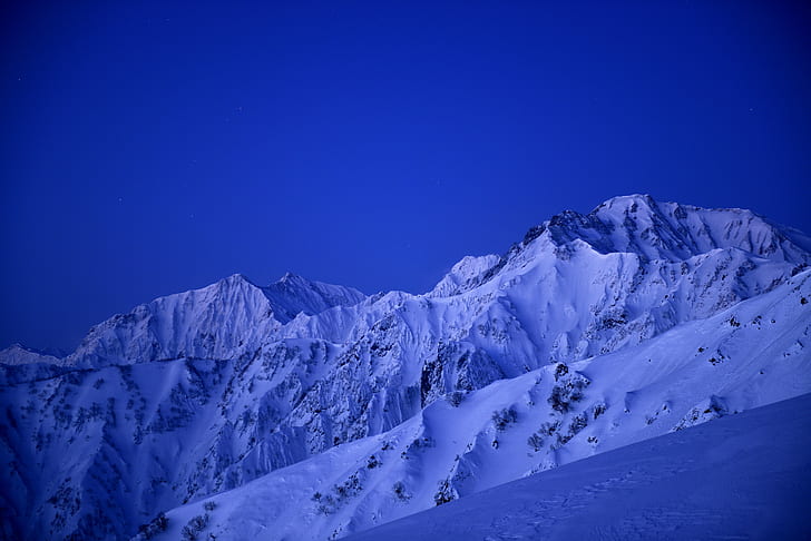 snowy mountain ranges photo, hush, japan, 白馬, 八方, night, HD wallpaper