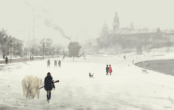 winter, Jakub Różalski, polar bears, painting, snow, dystopian