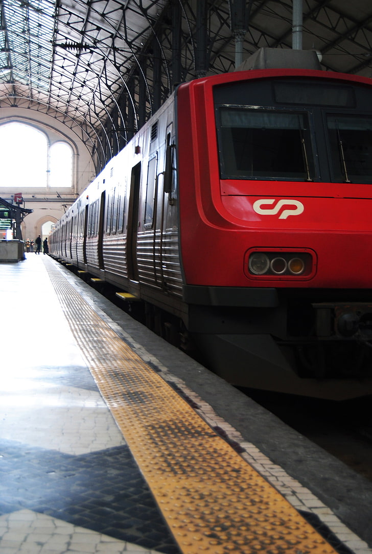 red and black train, Lisbon, railway, train station, vehicle, HD wallpaper