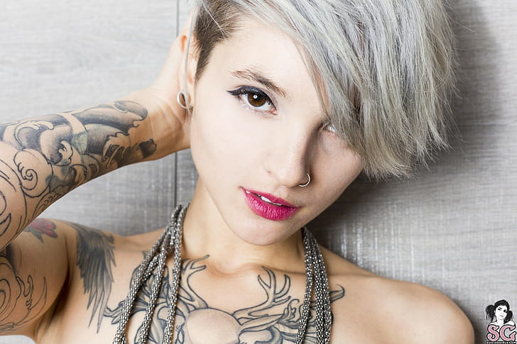 dyed hair, red lipstick, short hair, nose rings, bare shoulders, HD wallpaper