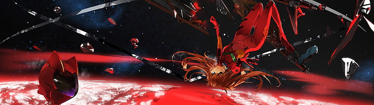 brown haired girl anime illustration, red suit evangelion illustration