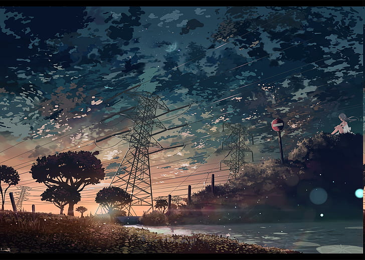 anime, Manga, Power Lines, sunset, Utility Pole, HD wallpaper