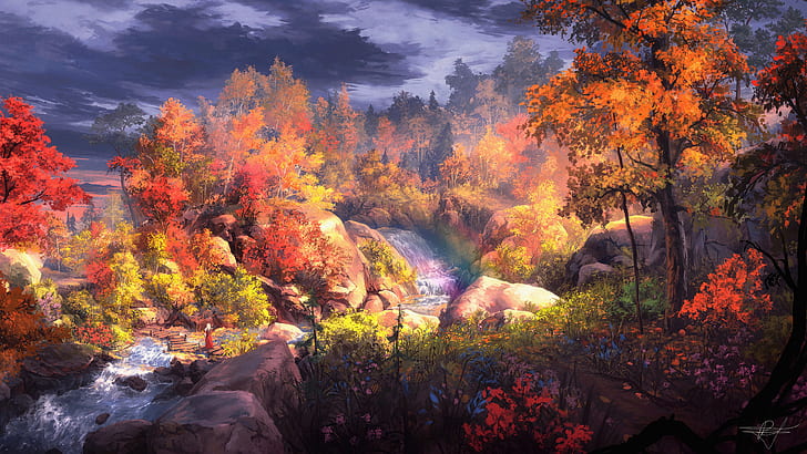 fantasy art, artwork, fan art, trees, landscape, nature, colorful, HD wallpaper
