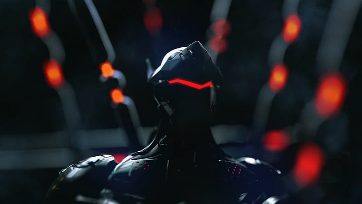 cyborg, Genji (Overwatch), neon, Rakan Khamash, HD wallpaper