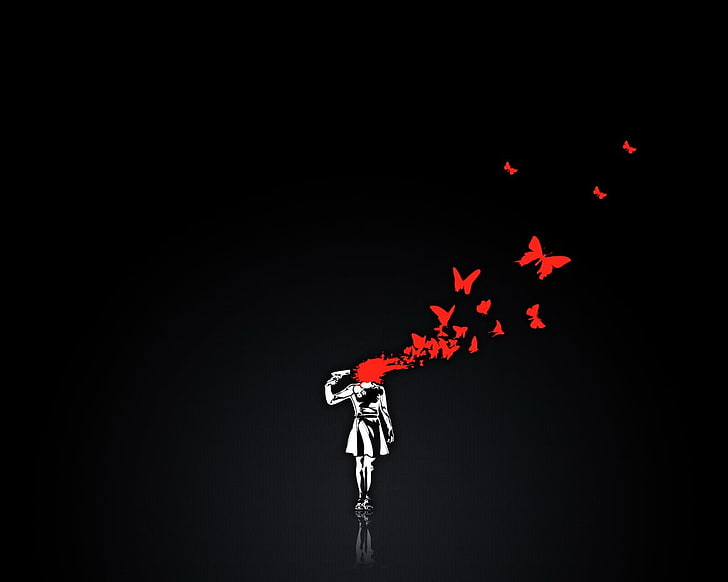 person shooting his head illustration, butterfly, gun, black