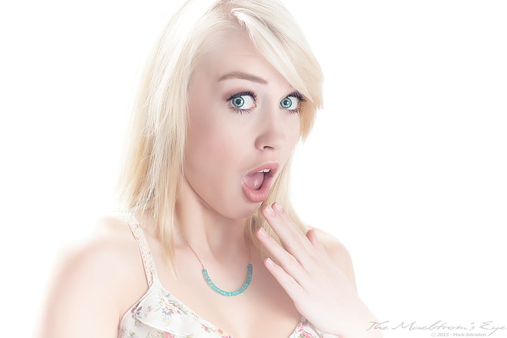 women, blonde, closeup, face, open mouth, simple background