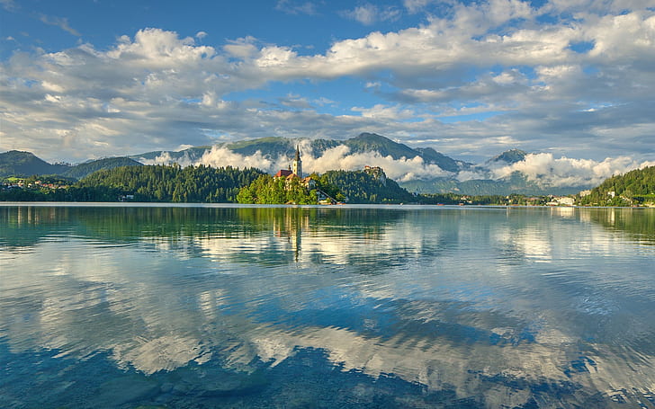 Slovenia, Lake Bled, water reflection, Julian Alps, church, trees, clouds, HD wallpaper