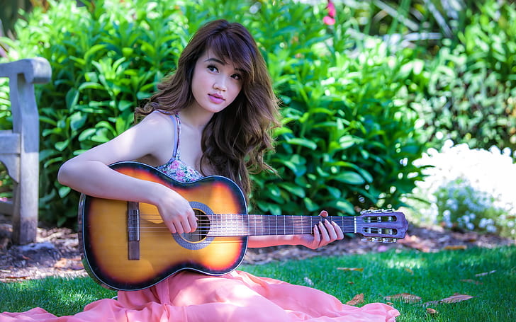 Asia music girl play guitar, HD wallpaper