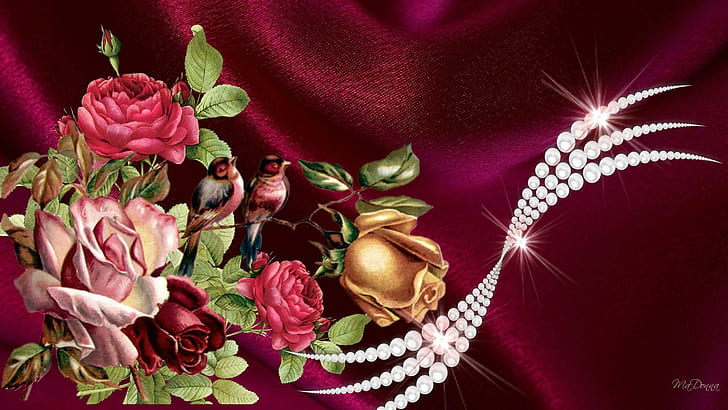 Vintage Roses Pearls, firefox persona, stars, satin, flowers, HD wallpaper