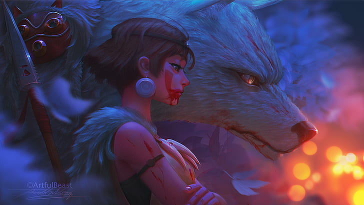 Princess Mononoke, wolf, profile, women, anime girls, artwork