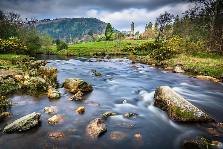 trees, river, stones, tower, valley, Ireland, Glendalough, County Wicklow