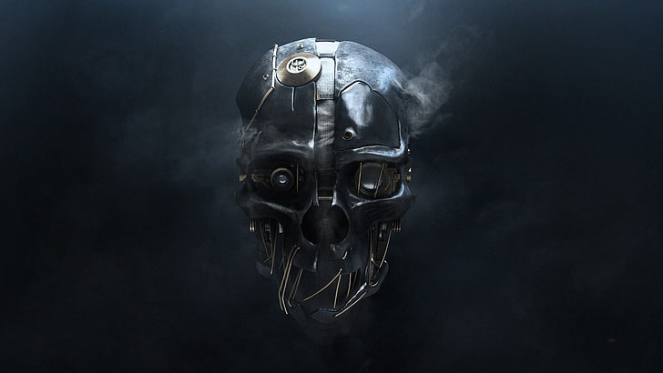gray skull illustration, digital art, simple background, 3D, metal