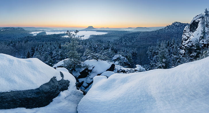 snow covered mountains during sunrise, Ein, Winter, Sächsische-Schweiz