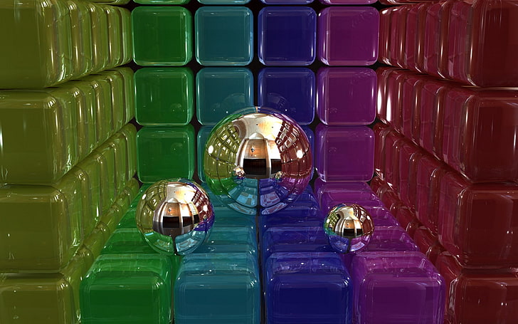 three clear glass balls, digital art, 3d, cubes, blue, architecture, HD wallpaper