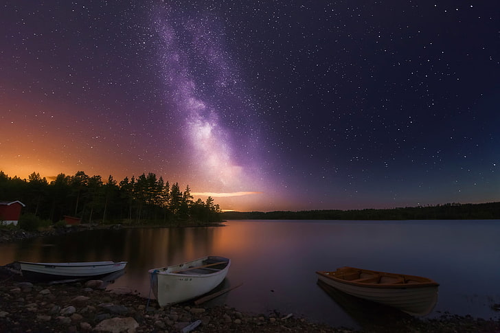 three white row boats, night, lake, stars, Norway, Three of a Kind