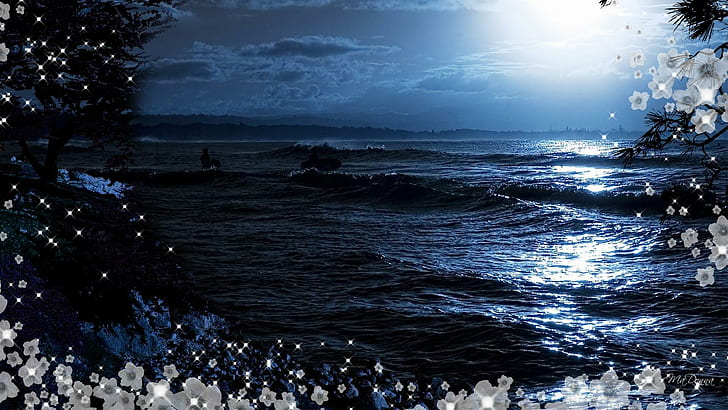 HD wallpaper: Music Of Ocean Waves, soft, moonlight, fleurs ...