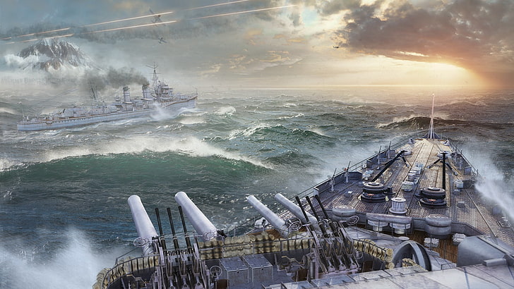 battleship digital wallpaper, Sunset, The sky, Water, Clouds, HD wallpaper