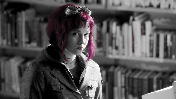 selective color photo of woman with pink hair, selective coloring