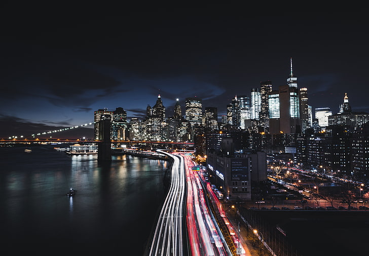 New York city, road, cityscape, night, traffic, sky, dark, Brooklyn Bridge