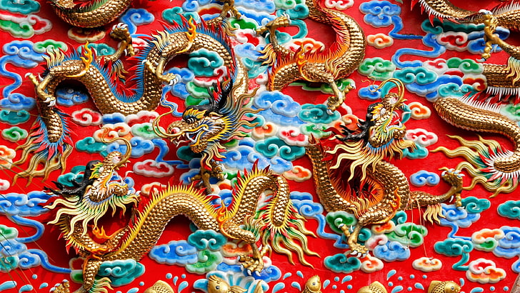 dragon, kratuemsueapla temple, golden dragon, dragons, chinese dragon, HD wallpaper