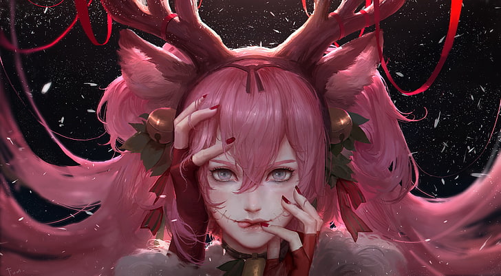 HD wallpaper: anime girl, christmas, pink hair, semi realistic, petals,  deer horns | Wallpaper Flare