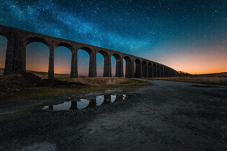 brown concrete post during sunset, Ribblehead Viaduct, yorkshire dales, HD wallpaper