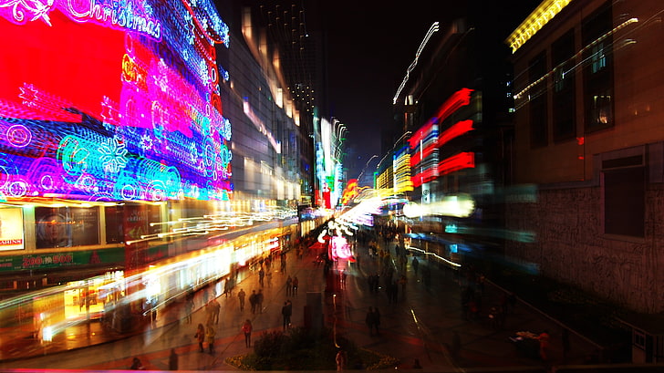 time lapse photography of people walking on road, Chengdu, light trails