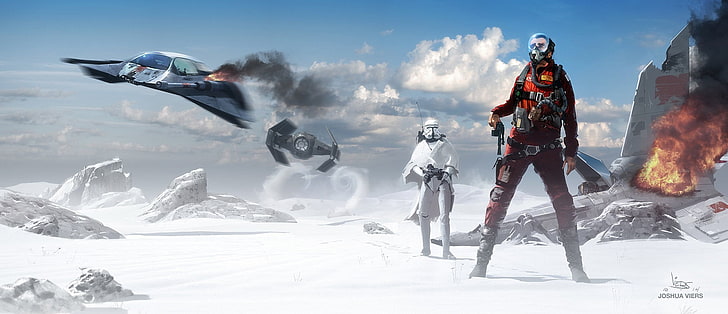two man standing on snowfield game wallpaper, Star Wars, winter