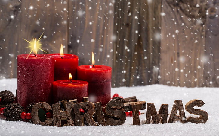 Christmas, New Year, candle, snow, winter, cold temperature, HD wallpaper