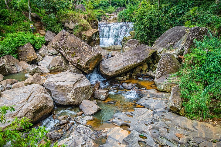 forest, stones, waterfall, river, Sri Lanka, Nuwara Eliya, HD wallpaper