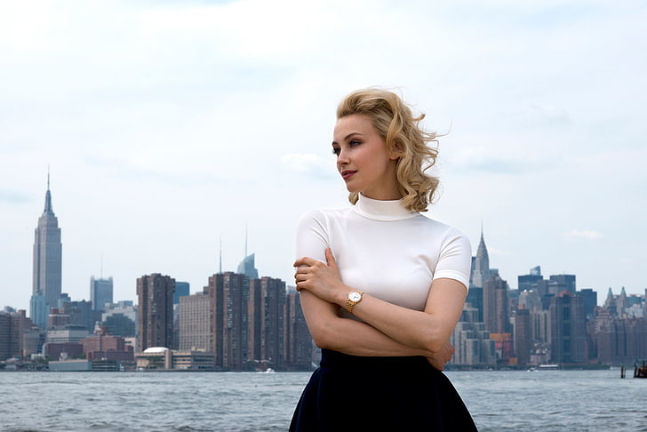 women's white short-sleeved shirt, the city, river, background, HD wallpaper