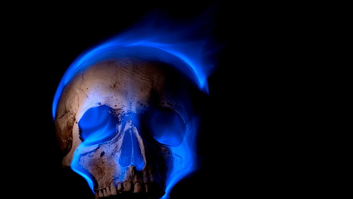 digital art, skull, black background, teeth, burning, blue flames, HD wallpaper
