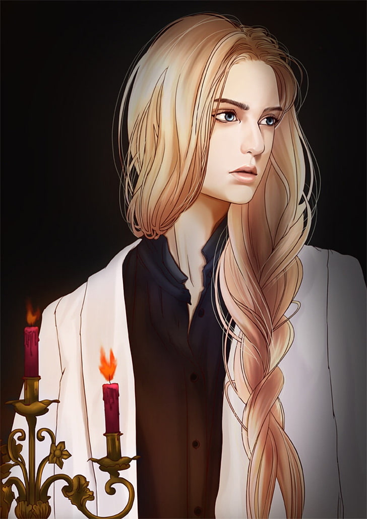 female anime character in white suit jacket, blonde, braids, blue eyes