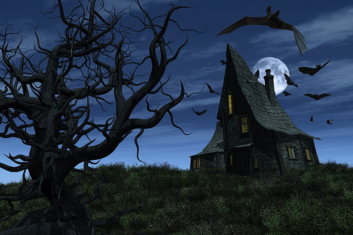 gray house near bare tree at night digital wallpaper, Halloween