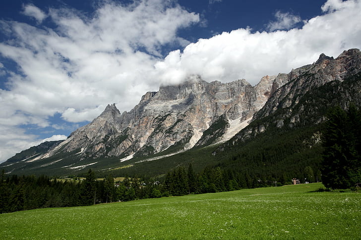 mountain range under white clouds with a distance from forest, san vito di cadore, san vito di cadore, HD wallpaper