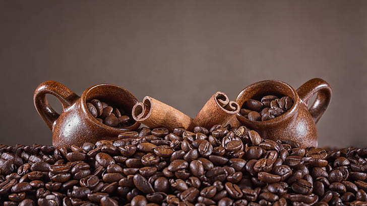 Coffee beans, cups, cinnamon, HD wallpaper
