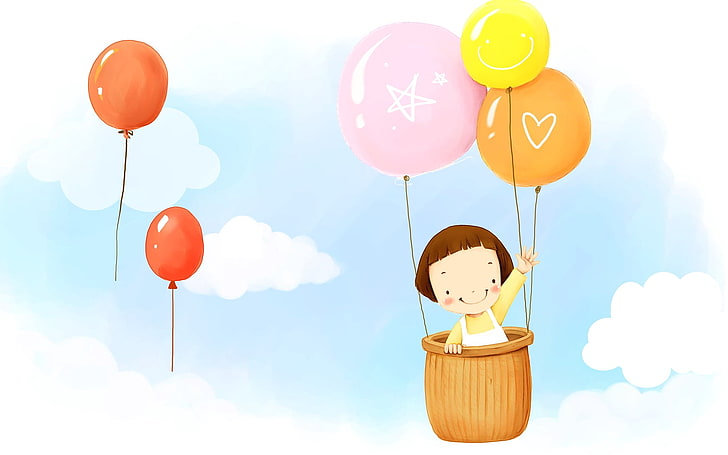 girl riding hot air balloon clip art, baby, balloons, flying, HD wallpaper