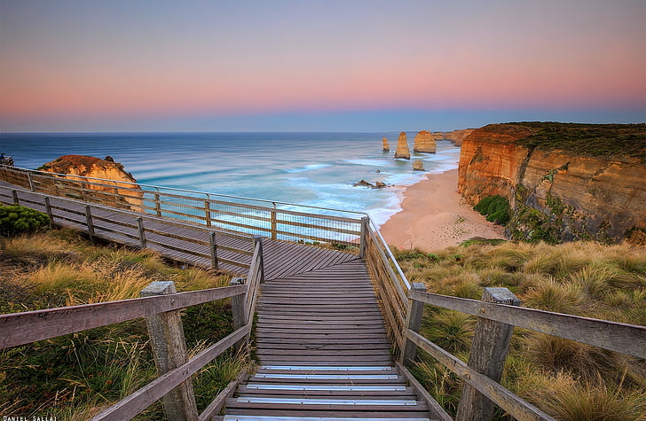 The Twelve Apostles Australia, brown wooden stairs, Oceania, Sunrise