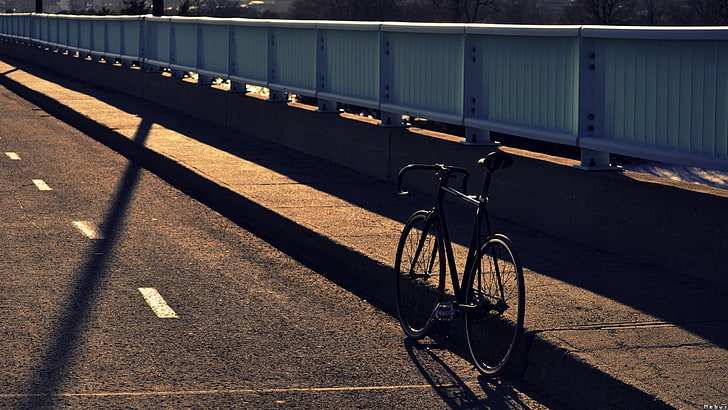 black road bike, bicycle, bridge, cycling, vehicle, fixie, transportation