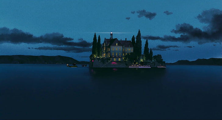 white and red house, anime, Studio Ghibli, landscape, water, castle
