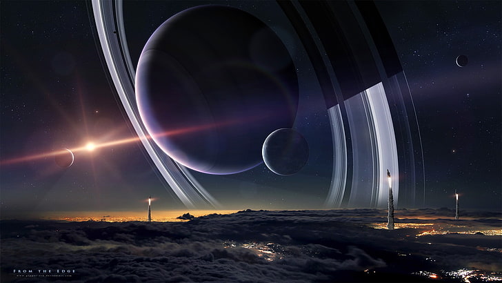 gray planet, space, spacescapes, planetary rings, Moon, space art
