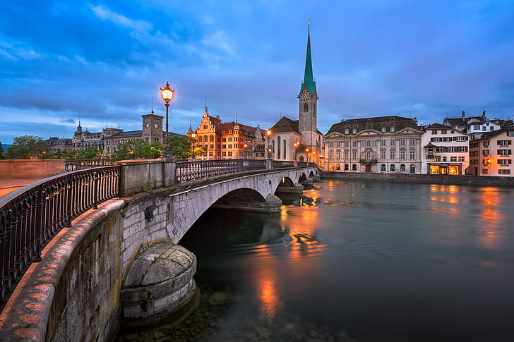 bridge, river, home, Switzerland, lantern, spire, Zurich