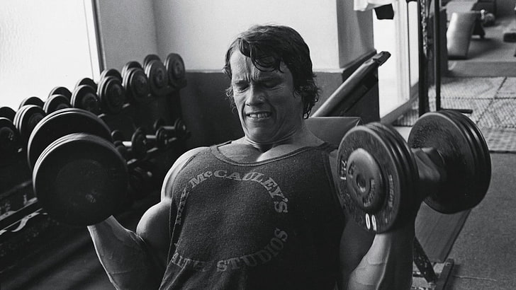 Arnold Schwarzenegger, sports, bodybuilding, dumbbells, exercising