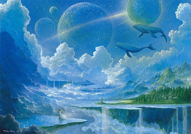 fantasy art, floating island, waterfall, whale, planet, clouds