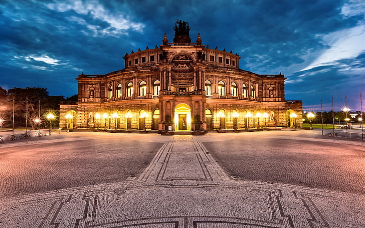 Dresden, Germany, city, night, Semper Opera, lights, HD wallpaper