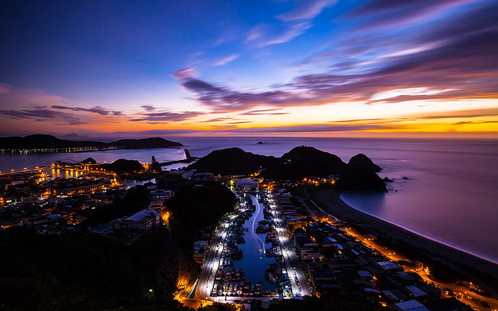 China, Taiwan, island, ocean, sunset, city night, silhouette of island, HD wallpaper